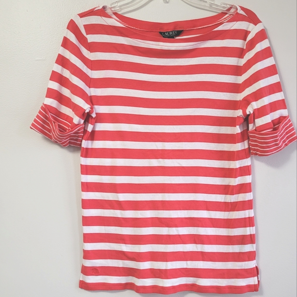 Ralph Lauren Coral and White Stripe Knit Blouse 100% Cotton Size Large